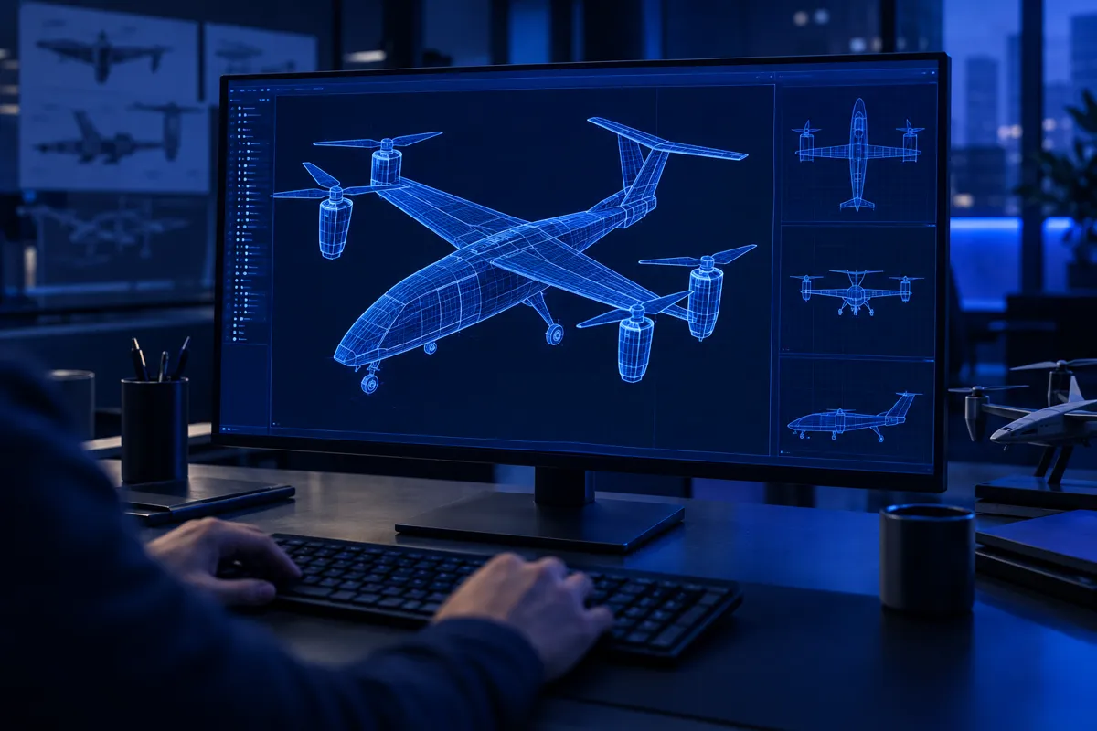 Wireframe CAD model of a VTOL unmanned aircraft on an engineering workstation