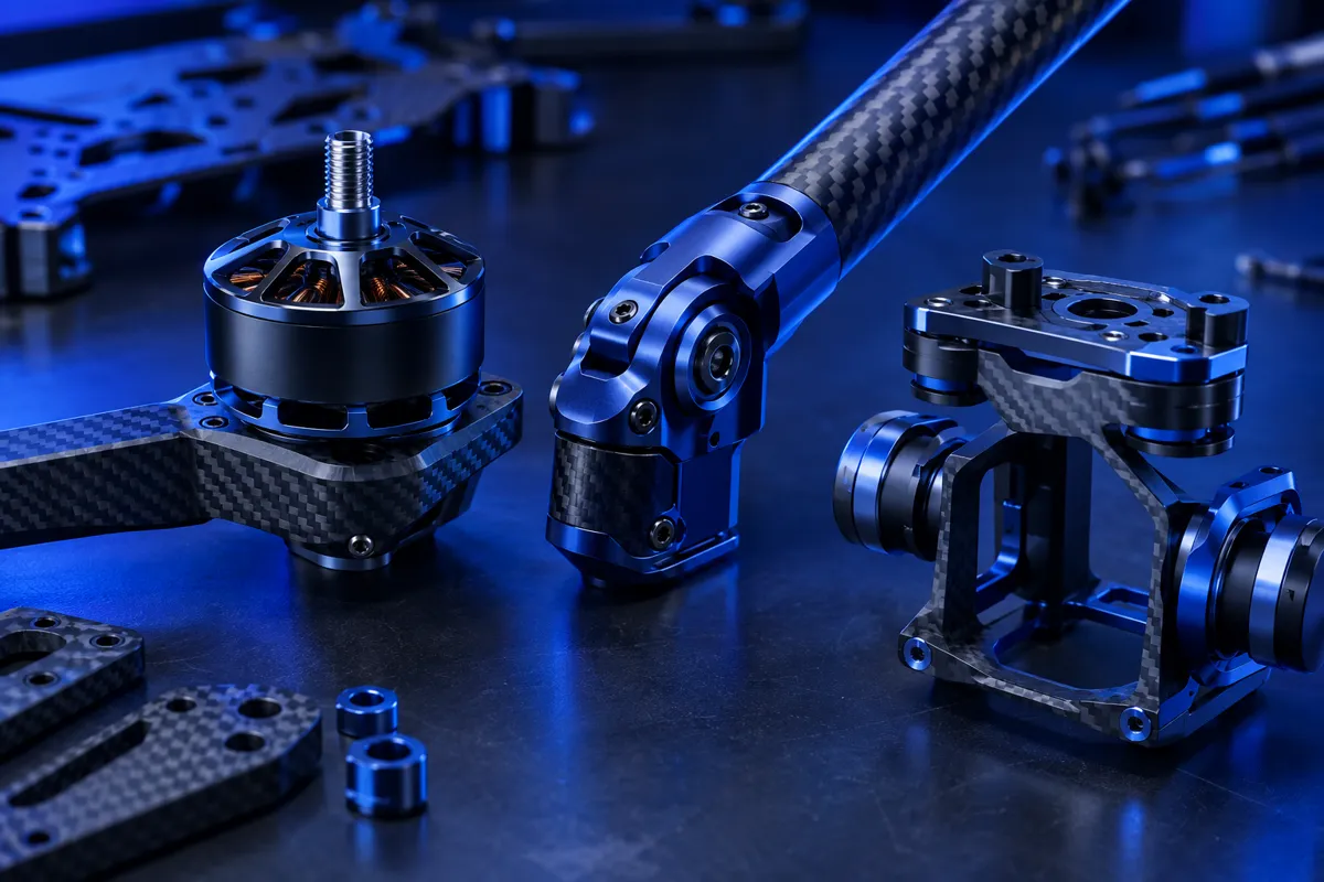 Precision carbon fiber and machined aluminium drone components