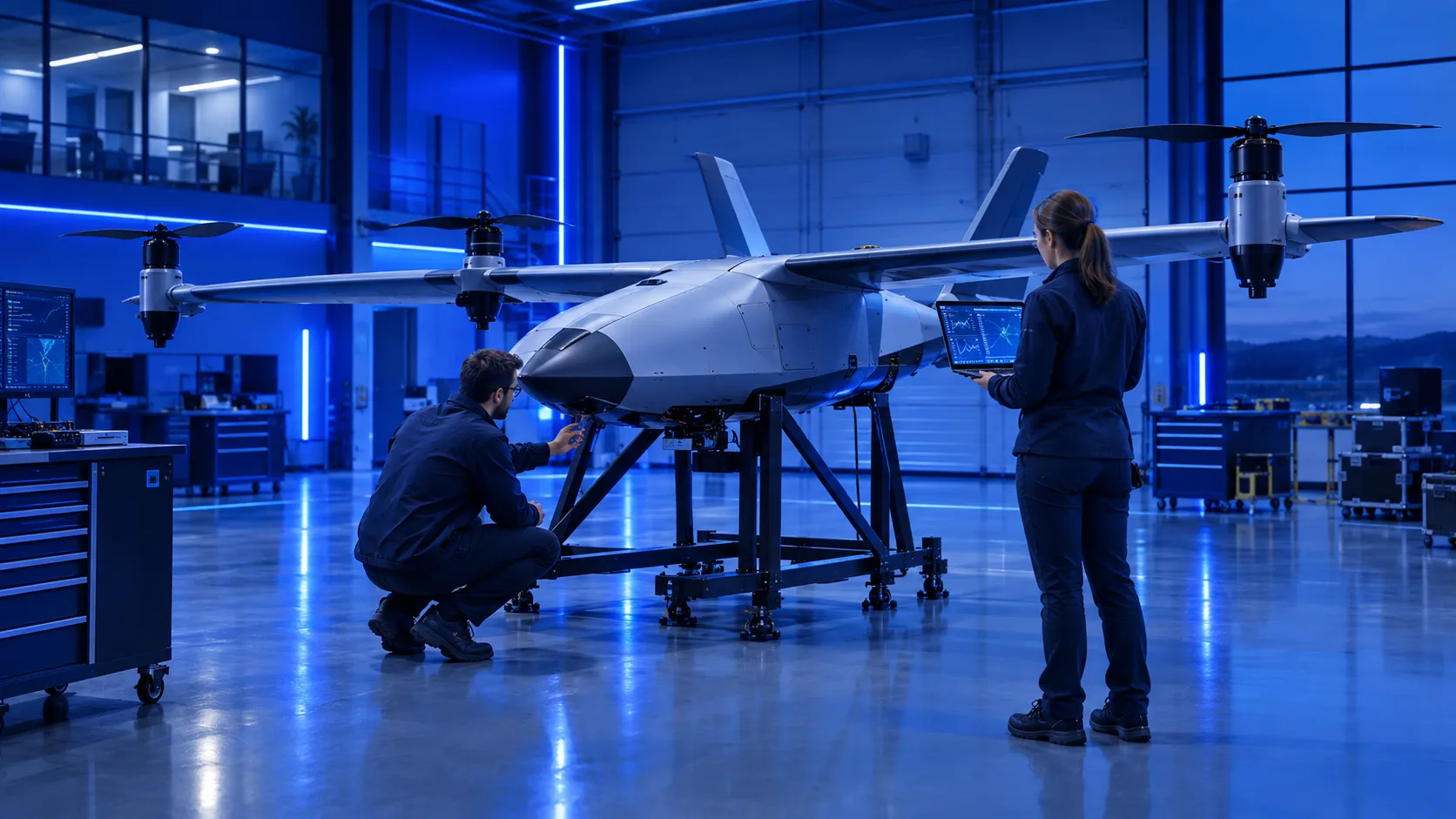 Engineers inspecting a fixed-wing VTOL drone in a test hangar